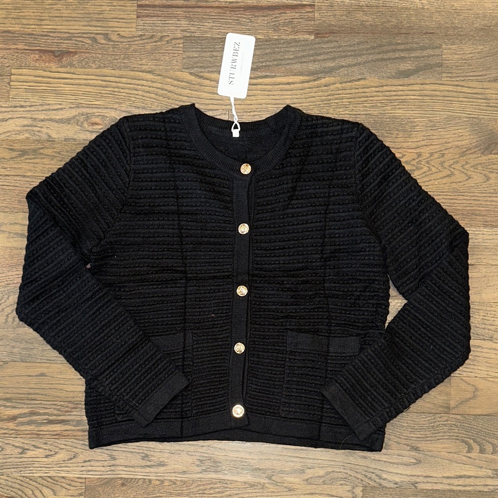 Black Textured Button-Front Cardigan Sweater